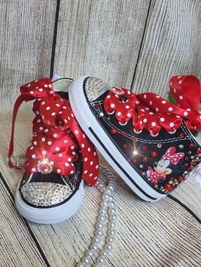New In Box Custom Converse Infant 5 Black High-Tops Minnie Mouse Bling Pearls